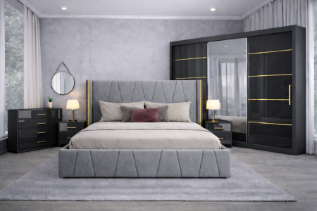 Set Dormitor Eva mdf lucios cu Somiera Rabatabila si lada de depozitare, dulap 250x200