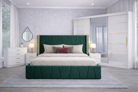 Set Dormitor Eva mdf lucios cu Somiera Rabatabila si lada de depozitare, dulap 250x200