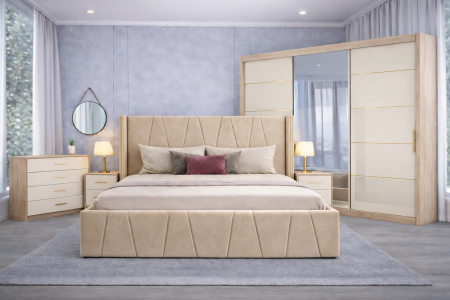 Set Dormitor Eva mdf lucios cu Somiera Rabatabila si lada de depozitare, dulap 250x200