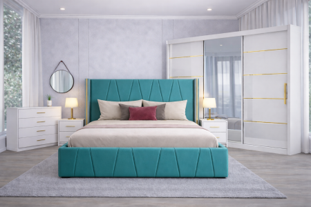 Set Dormitor Eva mdf lucios cu Somiera Rabatabila si lada de depozitare, dulap 250x200