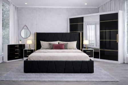 Set Dormitor Eva mdf lucios cu Somiera Rabatabila si lada de depozitare, dulap 250x200