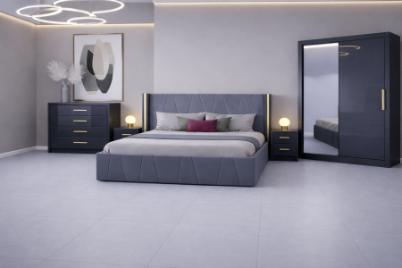 Set Dormitor Eva MDF lucios cu Somiera rabatabila si lada, dressing 150x200