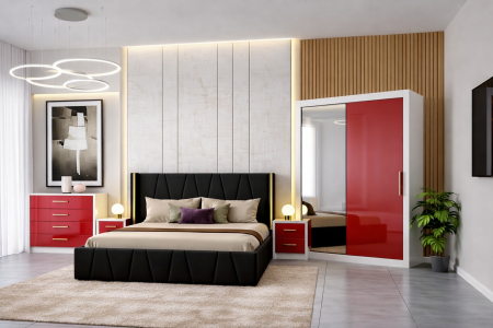 Set Dormitor Eva MDF lucios cu Somiera rabatabila si lada, dressing 150x200