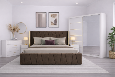 Set Dormitor Eva mdf lucios cu Somiera Rabatabila si lada , dressing 200x200