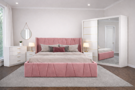 Set Dormitor Eva mdf lucios cu Somiera Rabatabila si lada , dressing 200x200