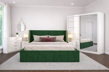 Set Dormitor Eva mdf lucios cu Somiera Rabatabila si lada , dressing 200x200