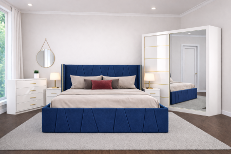 Set Dormitor Eva mdf lucios cu Somiera Rabatabila si lada , dressing 200x200