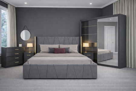 Set Dormitor Eva mdf lucios cu Somiera Rabatabila si lada , dressing 200x200