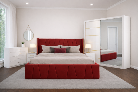 Set Dormitor Eva mdf lucios cu Somiera Rabatabila si lada , dressing 200x200