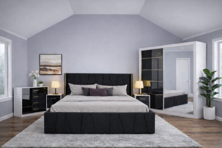 Set Dormitor Eva mdf lucios cu Somiera Rabatabila si lada , dressing 200x200