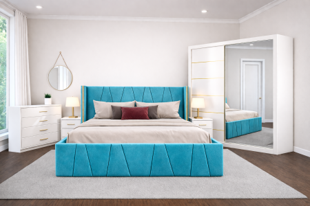 Set Dormitor Eva mdf lucios cu Somiera Rabatabila si lada , dressing 200x200