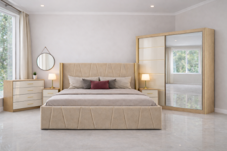 Set Dormitor Eva mdf lucios cu Somiera Rabatabila si lada , dressing 200x200