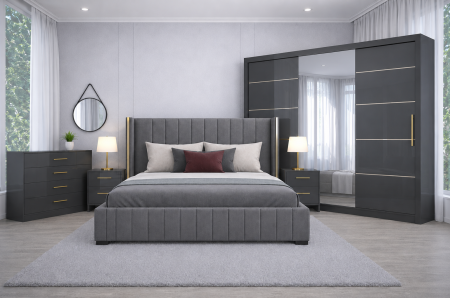 Set Dormitor Golden mdf lucios cu Somiera Rabatabila si lada, dressing 250x200