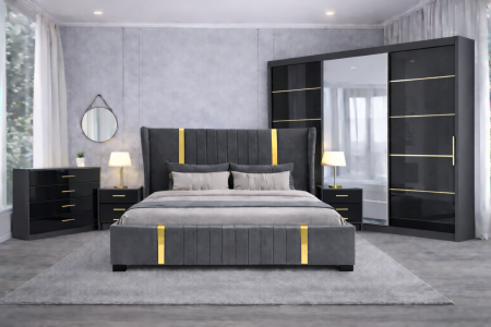 Set Dormitor Hawaii mdf lucios cu Somiera Rabatabila si lada de depozitare, dulap 250x200