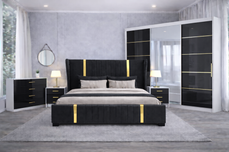 Set Dormitor Hawaii mdf lucios cu Somiera Rabatabila si lada de depozitare, dulap 250x200