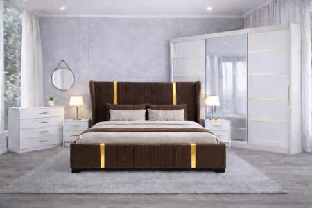 Set Dormitor Hawaii mdf lucios cu Somiera Rabatabila si lada de depozitare, dulap 250x200