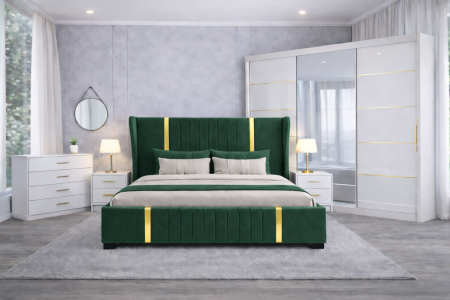 Set Dormitor Hawaii mdf lucios cu Somiera Rabatabila si lada de depozitare, dulap 250x200