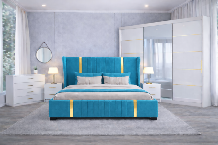 Set Dormitor Hawaii mdf lucios cu Somiera Rabatabila si lada de depozitare, dulap 250x200