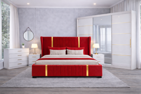 Set Dormitor Hawaii mdf lucios cu Somiera Rabatabila si lada de depozitare, dulap 250x200