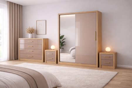 Set Dressing Iulia din Mdf lucios 150x200 cu 2 noptiere si comoda din Mdf lucios