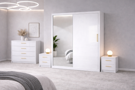 Set Dressing Iulia din Mdf lucios 150x200 cu 2 noptiere si comoda din Mdf lucios