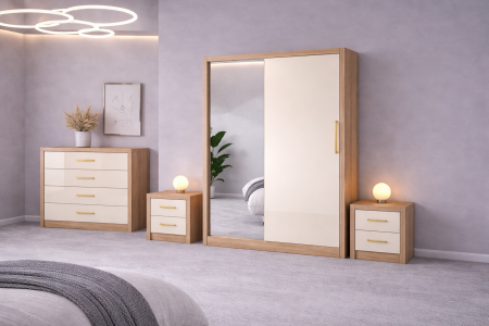 Set Dressing Iulia din Mdf lucios 150x200 cu 2 noptiere si comoda din Mdf lucios