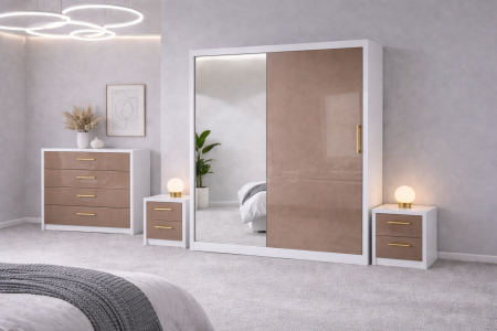 Set Dressing Iulia din Mdf lucios 150x200 cu 2 noptiere si comoda din Mdf lucios