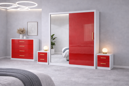 Set Dressing Iulia din Mdf lucios 150x200 cu 2 noptiere si comoda din Mdf lucios