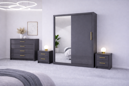 Set Dressing Iulia din Mdf lucios 150x200 cu 2 noptiere si comoda din Mdf lucios