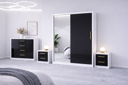 Set Dressing Iulia din Mdf lucios 150x200 cu 2 noptiere si comoda din Mdf lucios