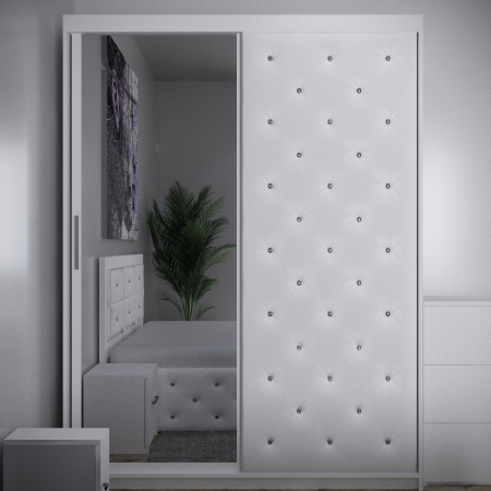 Mobila Dormitor - Set Pat Nemira New Tapitat cu Noptiere si Dressing Alb cu Oglinda