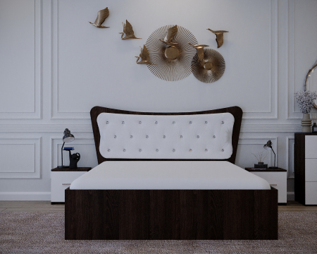 Mobila Dormitor - Set Pat Vista Tapitat Wenge&Alb cu Noptiere