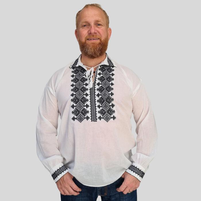 Cămașă tradițională Laviniu broderie neagră și gri [3]