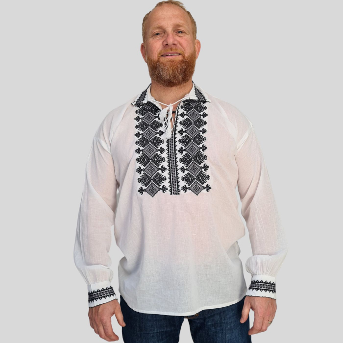 Cămașă tradițională Laviniu broderie neagră și gri [2]
