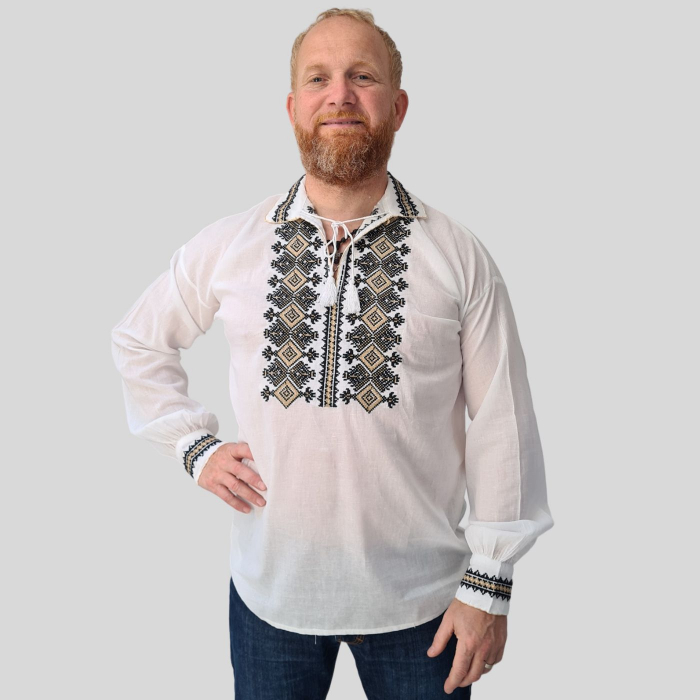 Cămașă tradițională Laviniu broderie negru si bej [3]