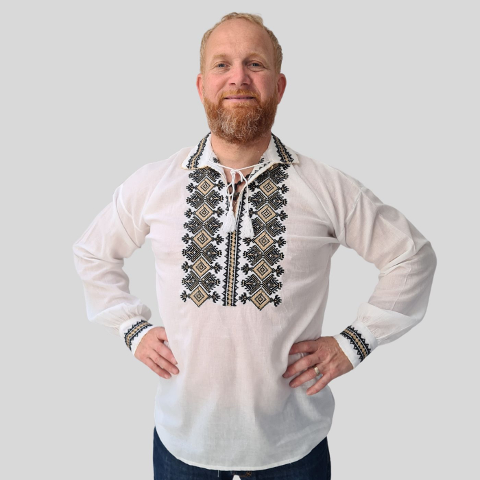 Cămașă tradițională Laviniu broderie negru si bej [2]