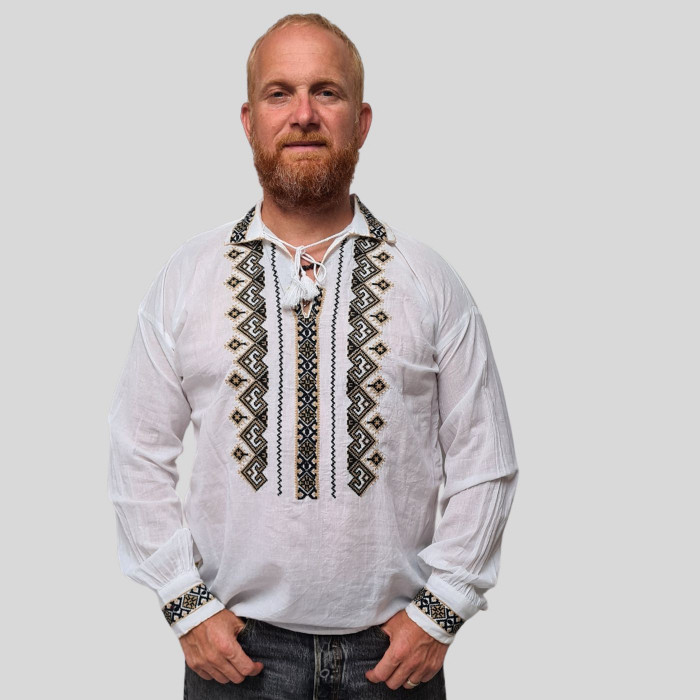 Cămașă tradițională Irineu broderie bej si neagra [2]