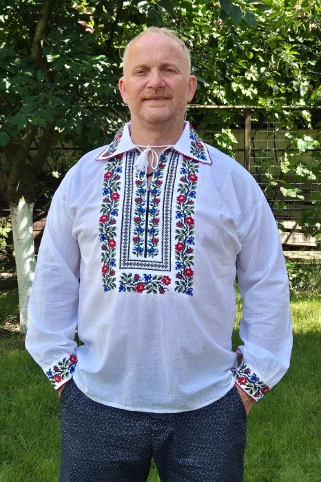 Cămașă tradițională Nestor broderie rosie si albastra [2]