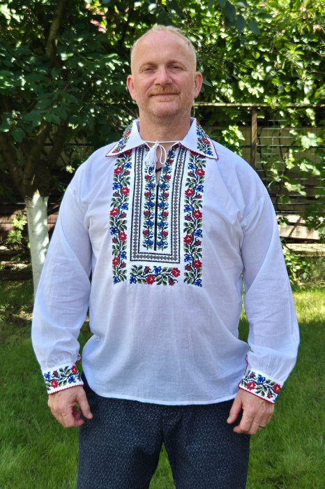 Cămașă tradițională Nestor broderie rosie si albastra [3]