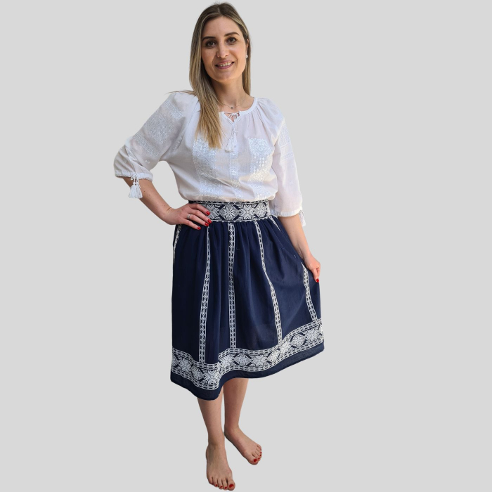 Fusta dama Liliana culoare albastră-broderie albă [3]