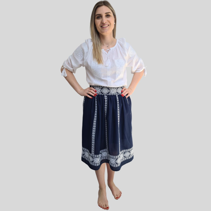 Fusta dama Liliana culoare albastră-broderie albă [4]
