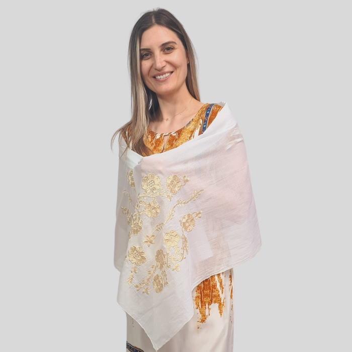 Marama alba broderie bej floare [2]