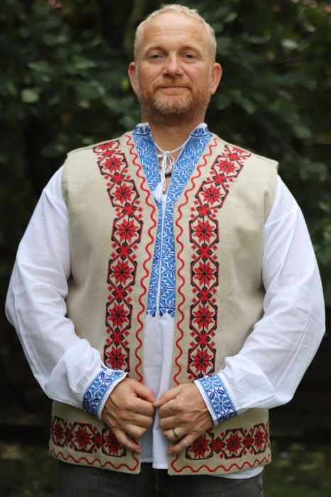 Vestă bărbați Matei culoare bej broderie rosu [3]