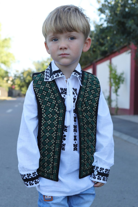 Vesta traditionala copii broderie romburi regale verzi [3]