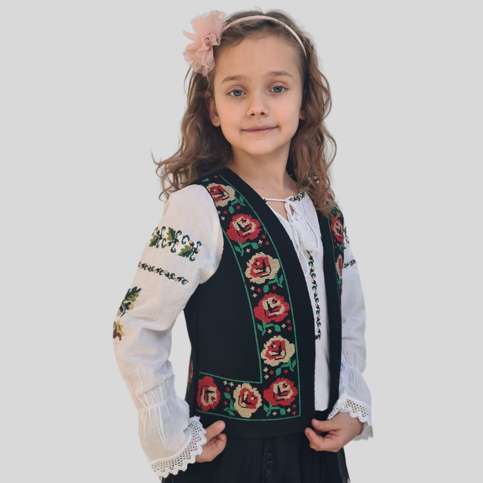 Vesta traditionala copii broderie trandafiri rosii si bej [3]