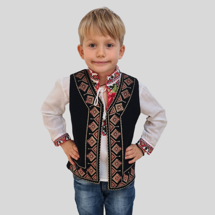 Vesta traditionala motiv bradut broderie rosie si bej [2]