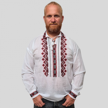 Cămașă tradițională Irineu broderie roșie mărimi mari - Cămașă tradițională Irineu broderie roșie
