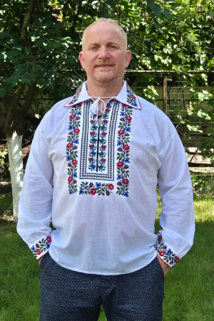 Cămașă tradițională Nestor broderie rosie si albastra [1]