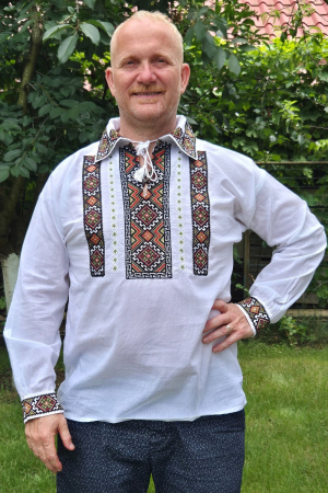 Cămașă tradițională Pantelimon broderie bej si verde [2]