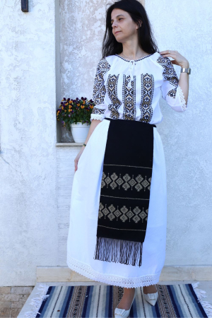 Dama - Fotă damă tradițională model geometric romb broderie bej